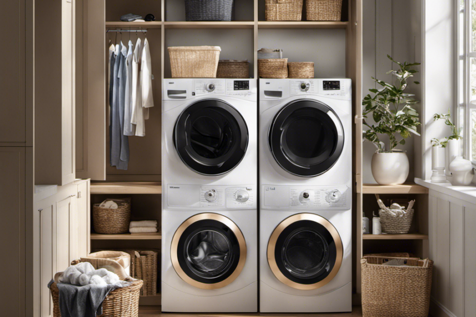 An image showcasing a laundry room scene with a washing machine and dryer