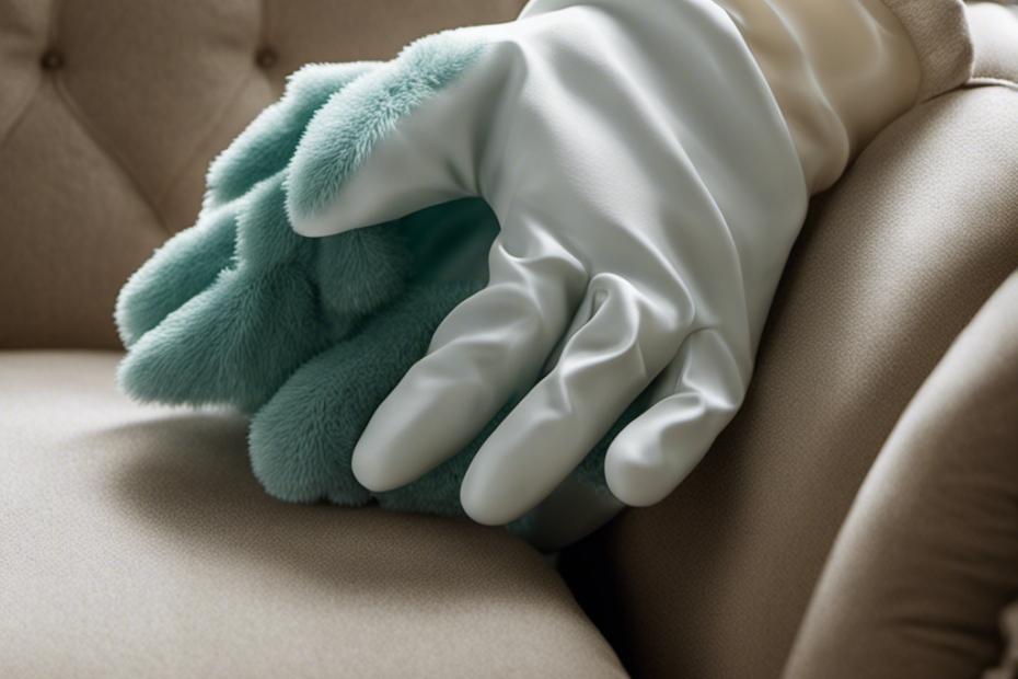 An image capturing a hand wearing a rubber dishwashing glove, gently patting a plush couch covered in pet hair
