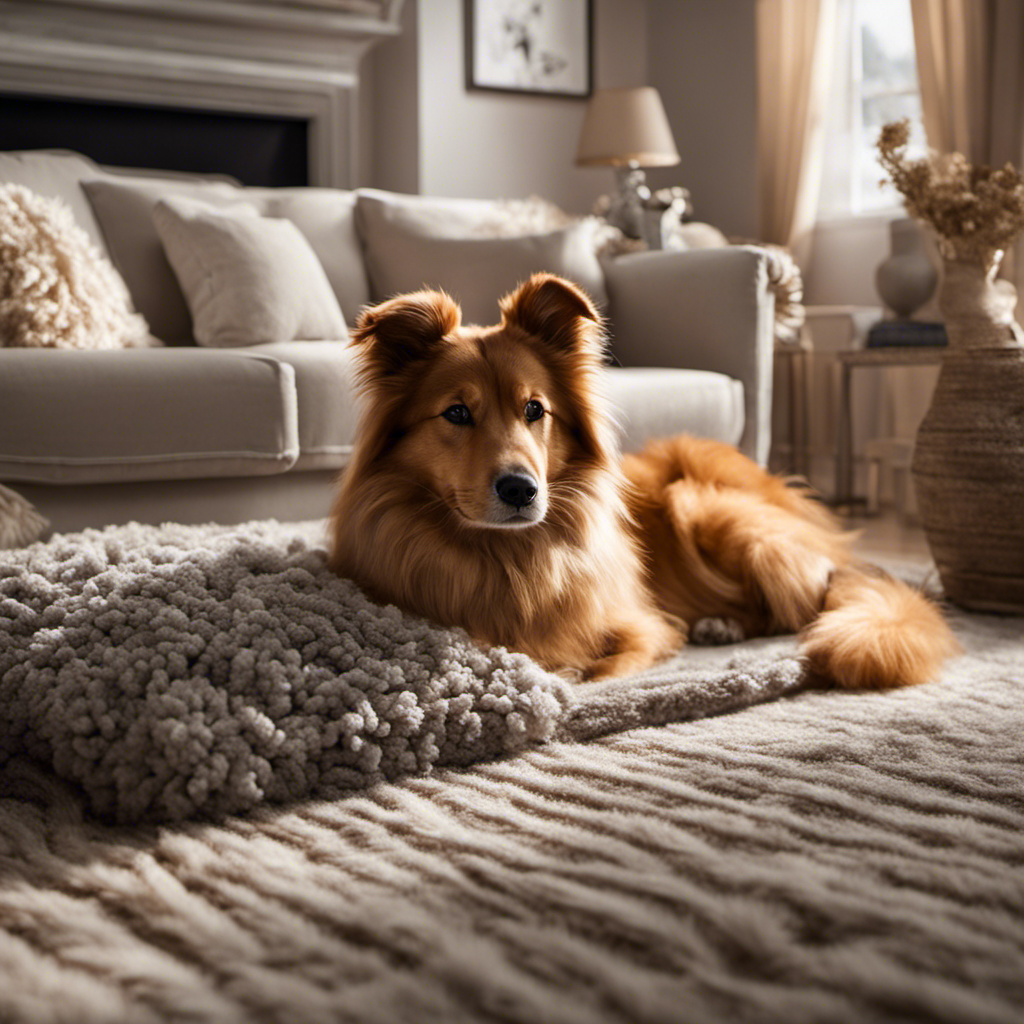 An image showcasing a cozy living room with a fluffy pet lounging on a rug
