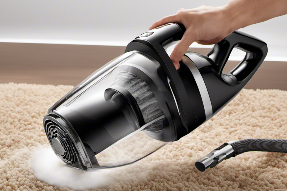 An image showcasing a hand-held vacuum cleaner equipped with a specialized pet hair attachment, effortlessly sucking up short, stubborn pet hair strands from a carpet