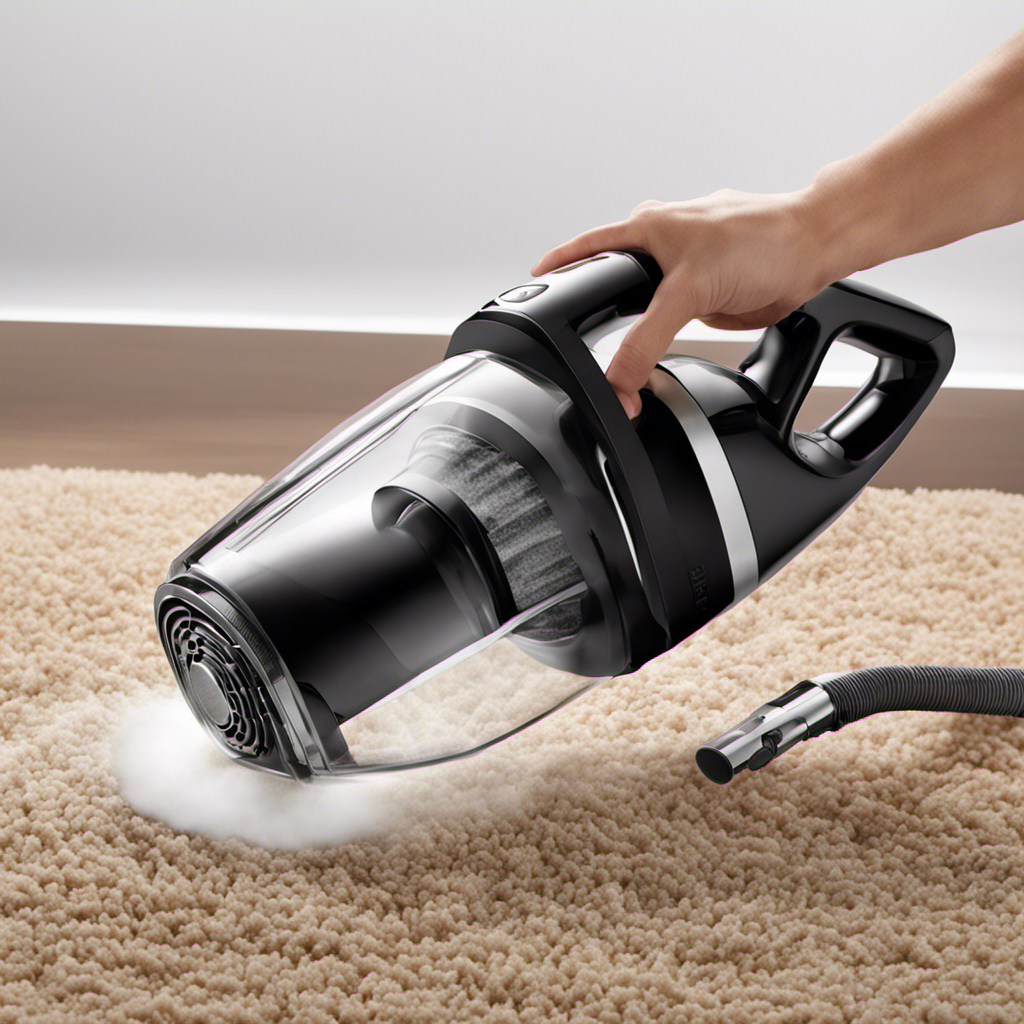 An image showcasing a hand-held vacuum cleaner equipped with a specialized pet hair attachment, effortlessly sucking up short, stubborn pet hair strands from a carpet