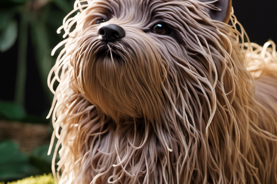 An image showcasing a furry pet covered in silicone, with vibrant strands of hair tangled in sticky clumps