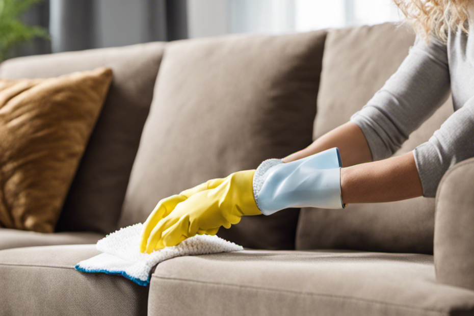 An image showcasing a hand wearing a rubber glove, gently sweeping a textured fabric couch with a lint roller