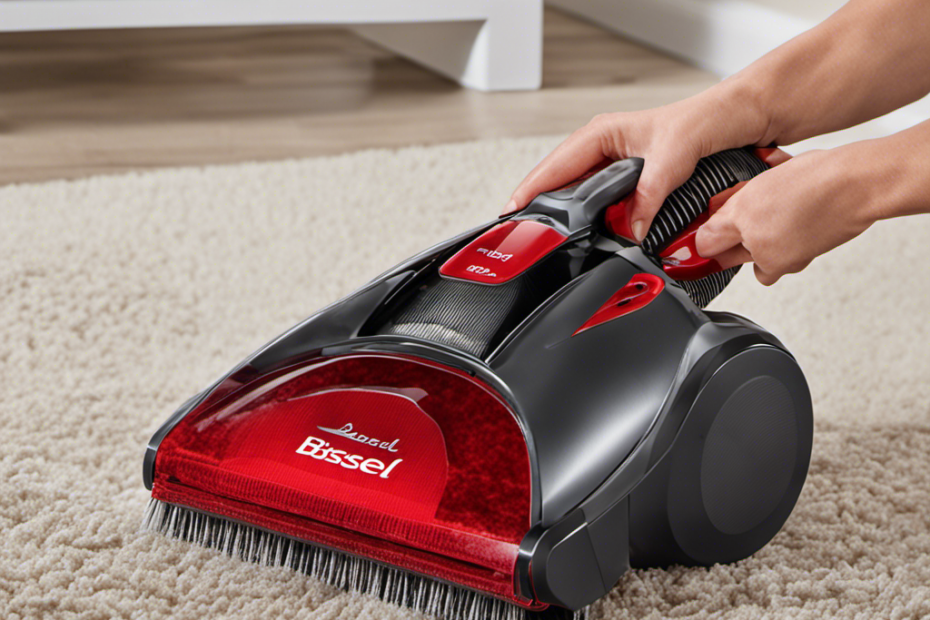 An image showcasing a close-up of a hand removing tangled pet hair from the brush roll of the top Bissell ProHeat 2X Pet carpet cleaner