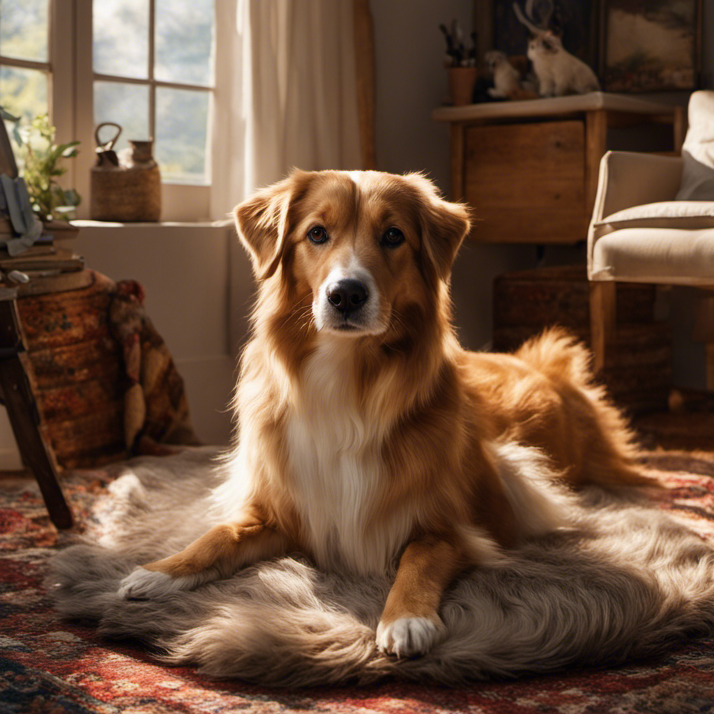 An image of a patient pet sitting on a cozy rug, surrounded by a variety of soft brushes