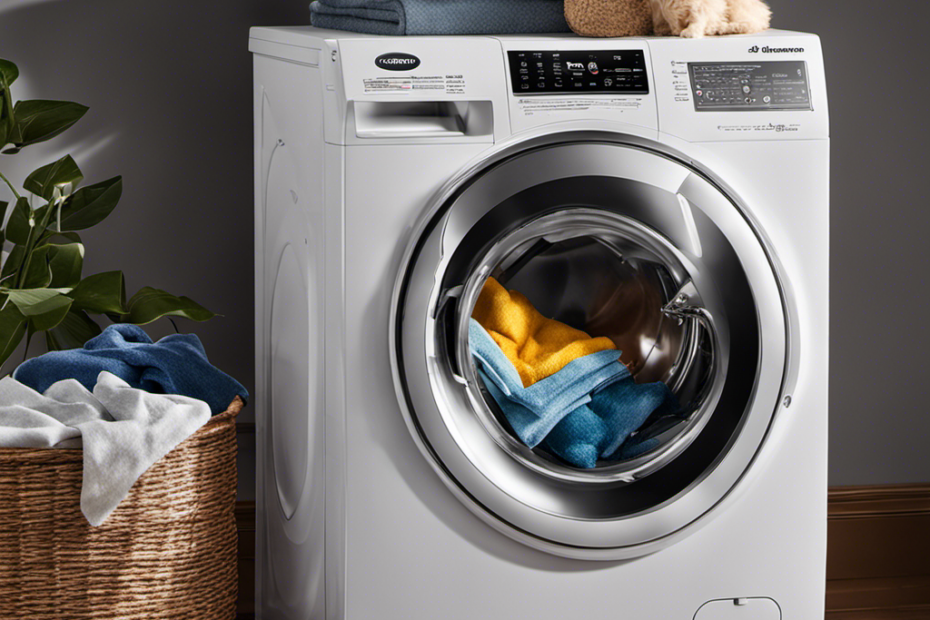 An image showcasing a sparkling, hair-free washing machine drum with freshly laundered clothes emerging, while a lint trap overflowing with pet hair sits beside a pristine dryer, highlighting effective ways to eliminate pesky pet hair in your laundry
