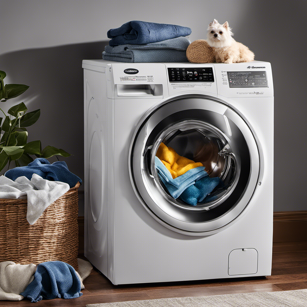 An image showcasing a sparkling, hair-free washing machine drum with freshly laundered clothes emerging, while a lint trap overflowing with pet hair sits beside a pristine dryer, highlighting effective ways to eliminate pesky pet hair in your laundry