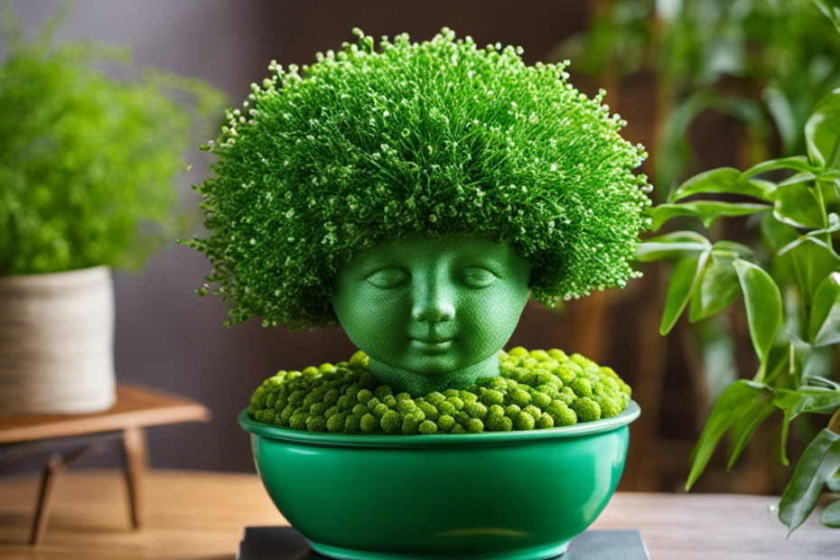 An image showcasing a vibrant chia pet with lush, green hair sprouting in a sunlit room