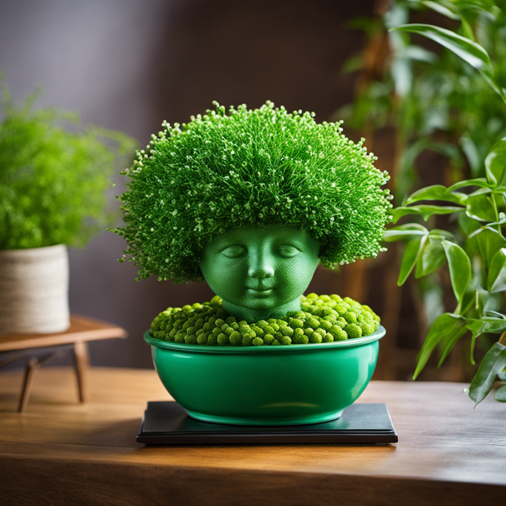 An image showcasing a vibrant chia pet with lush, green hair sprouting in a sunlit room