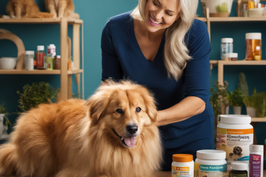 An image showing a cheerful pet owner gently brushing their furry companion's coat, with a vibrant assortment of hair growth-promoting supplements neatly arranged beside them