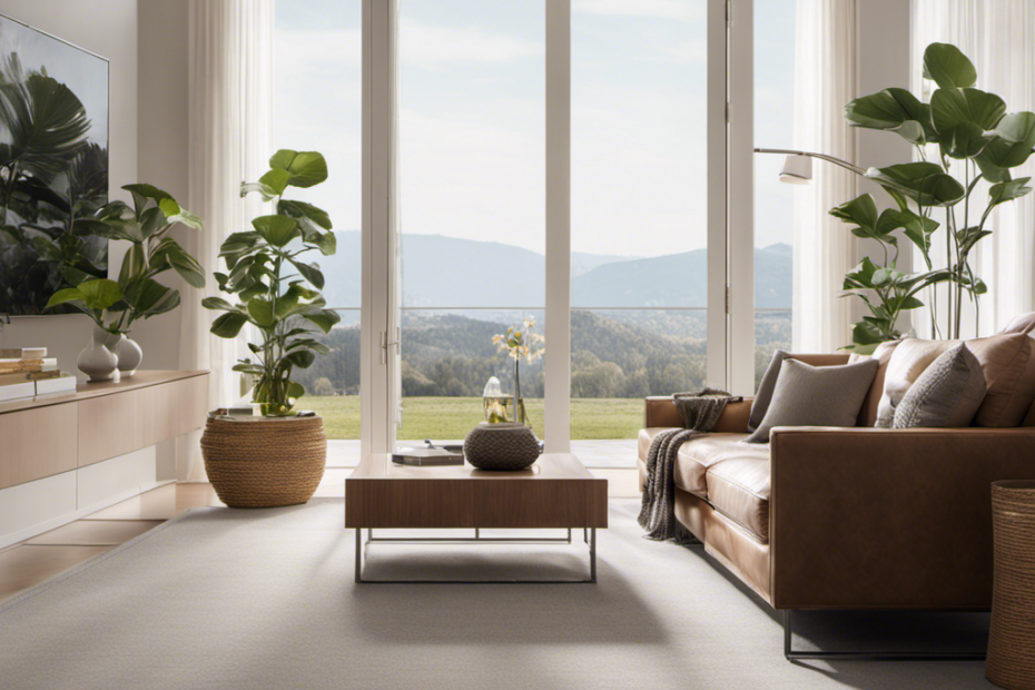 An image showcasing a serene living room with a sleek vacuum cleaner effortlessly gliding across a spotless carpet