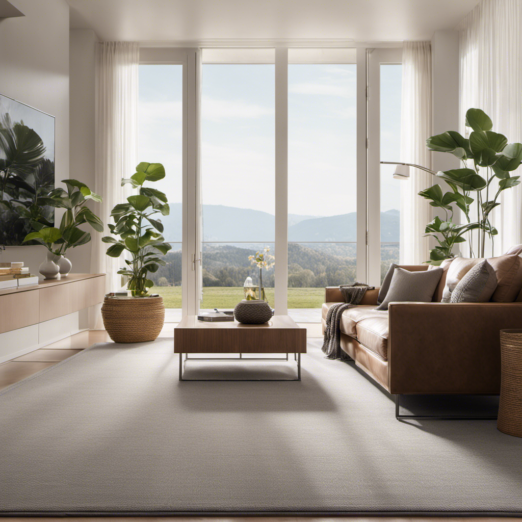 An image showcasing a serene living room with a sleek vacuum cleaner effortlessly gliding across a spotless carpet