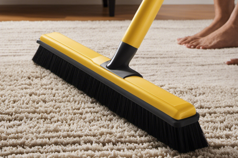 An image showcasing a person using a rubber broom to effortlessly sweep away pet hair from an area rug, revealing a clean surface underneath
