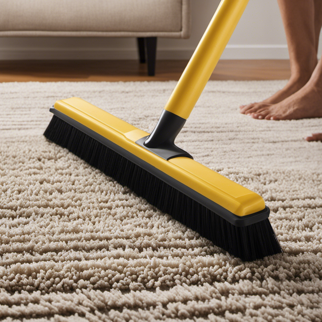 An image showcasing a person using a rubber broom to effortlessly sweep away pet hair from an area rug, revealing a clean surface underneath