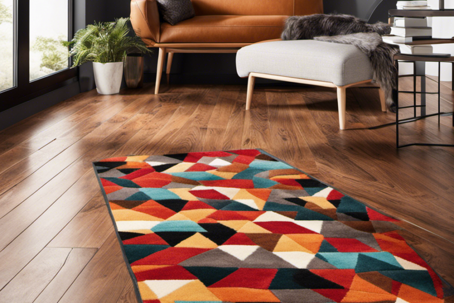 An image showcasing a sleek hardwood floor adorned with a vibrant geometric rug