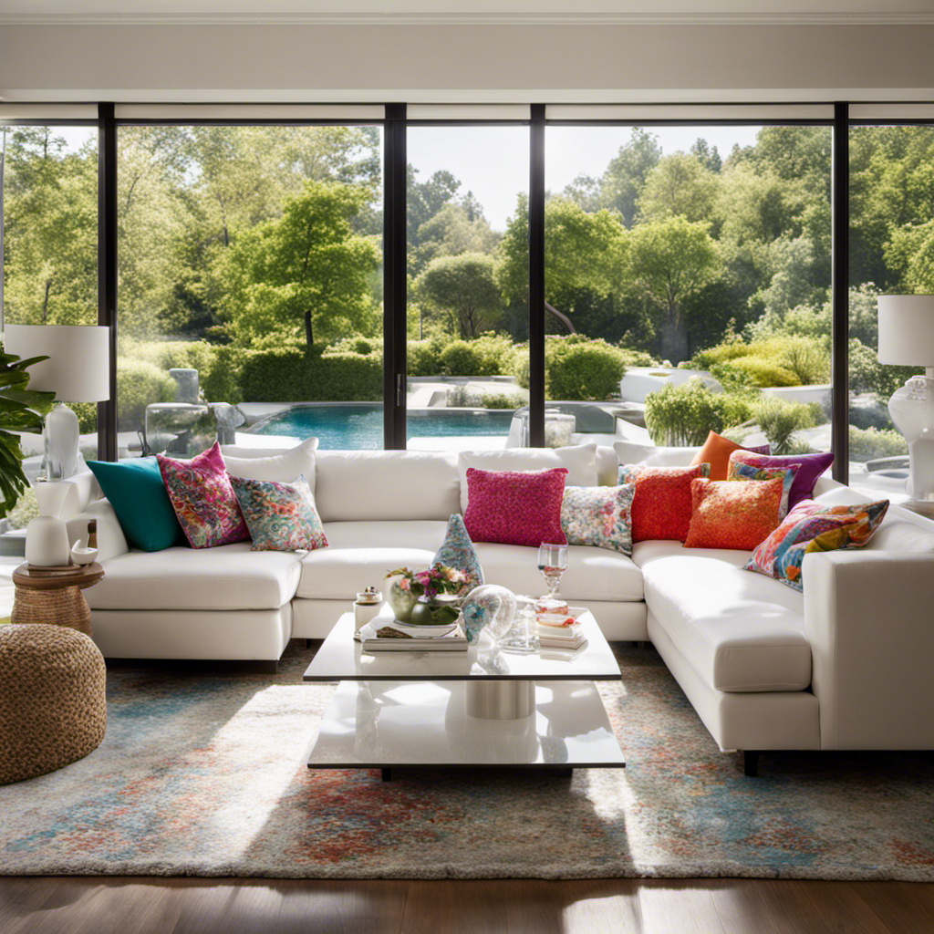An image focusing on a serene living room with fresh white furniture, adorned with colorful throw pillows