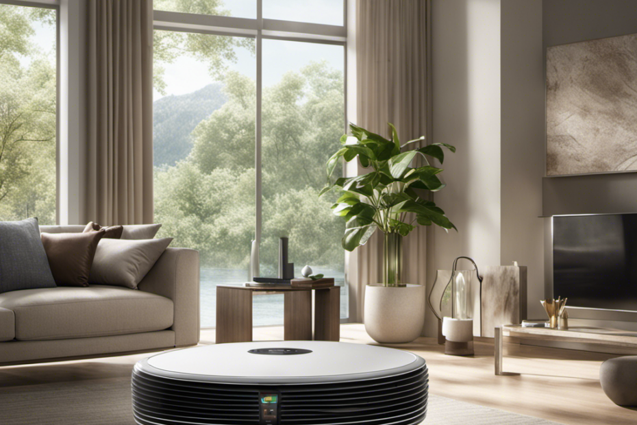 An image showcasing a modern living room with a sleek air purifier strategically placed near a sunlit window