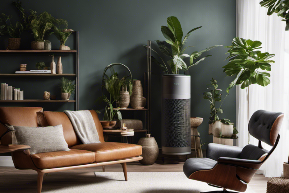 An image showcasing a serene living room with a high-quality air purifier strategically placed near a cozy armchair