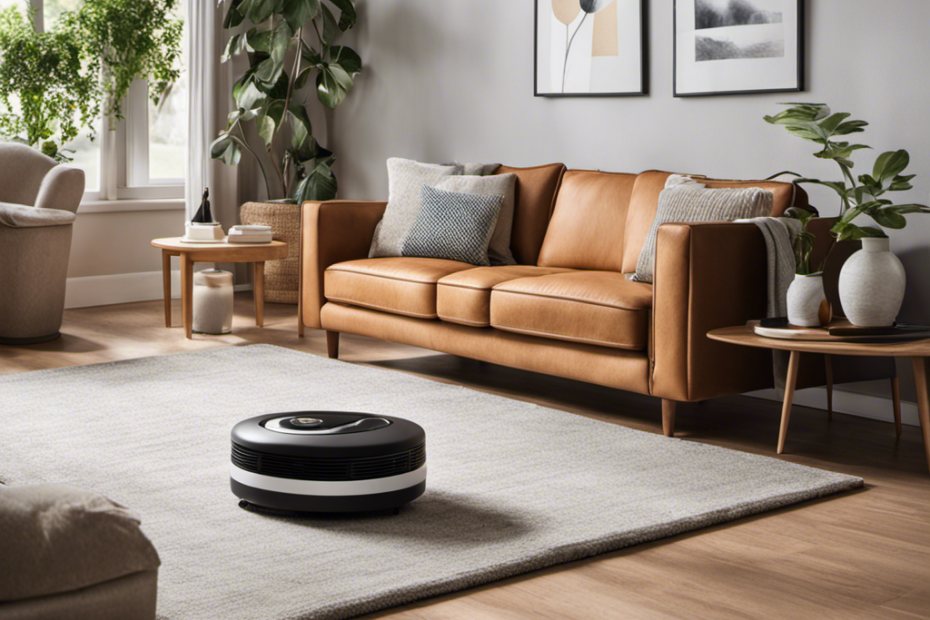 An image showcasing a clean, clutter-free living room with a vacuum cleaner in action, effortlessly removing pet hair and dust from a plush couch, while a sleek air purifier silently eliminates airborne particles in the background