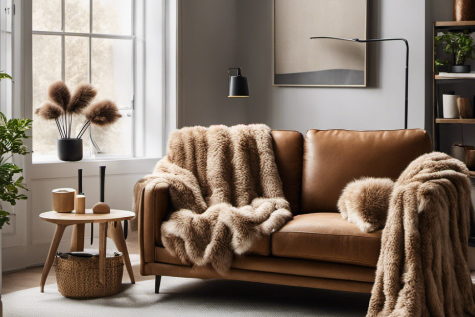 An image showcasing a cozy living room with a stylish, fur-free sofa draped with a hair repellent blanket