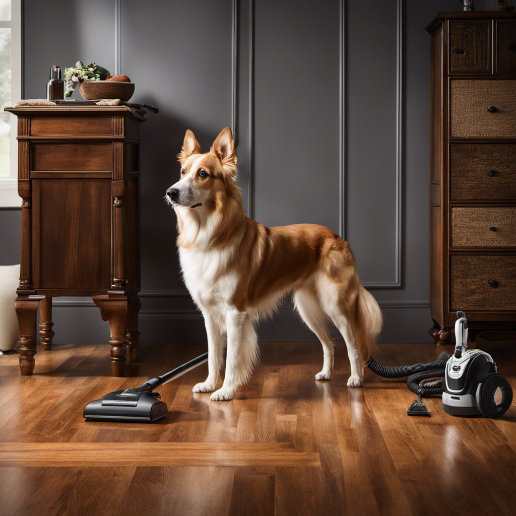 An image showcasing a well-groomed dog standing on a pristine hardwood floor, surrounded by a variety of tools and techniques such as a vacuum cleaner, lint roller, and a microfiber mop