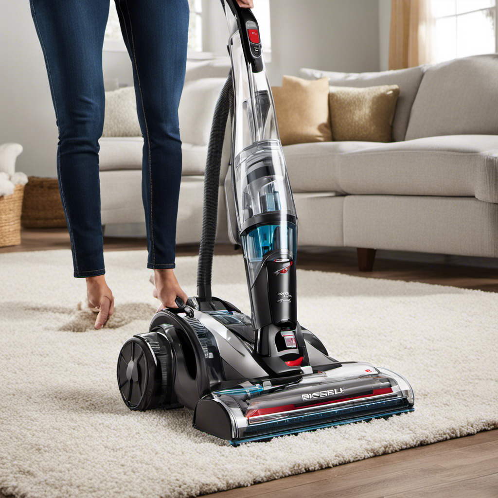 An image that depicts a person using a Bissell Proheat 2x Revolution, effortlessly vacuuming up pet hair from various surfaces like carpets, upholstery, and stairs
