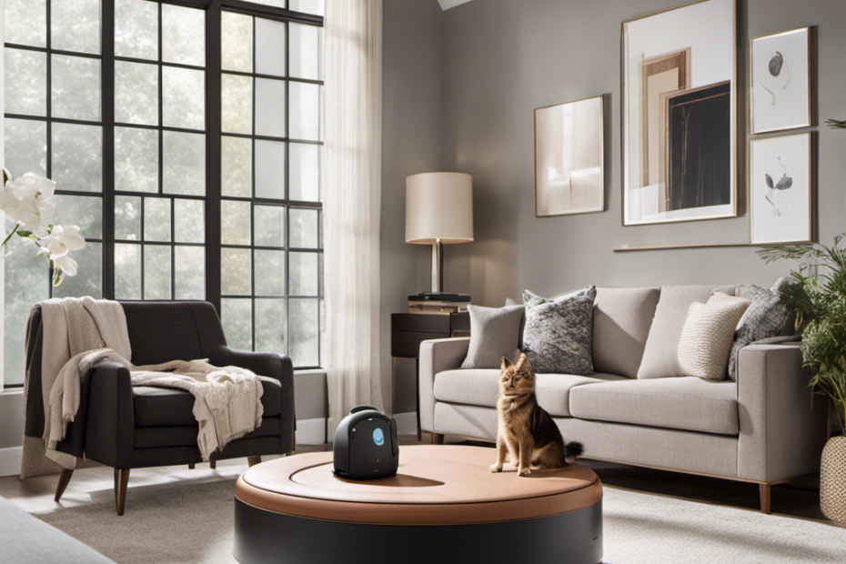 An image showcasing a cozy living room with sleek furniture, where a robotic vacuum diligently glides across a hair-free carpet