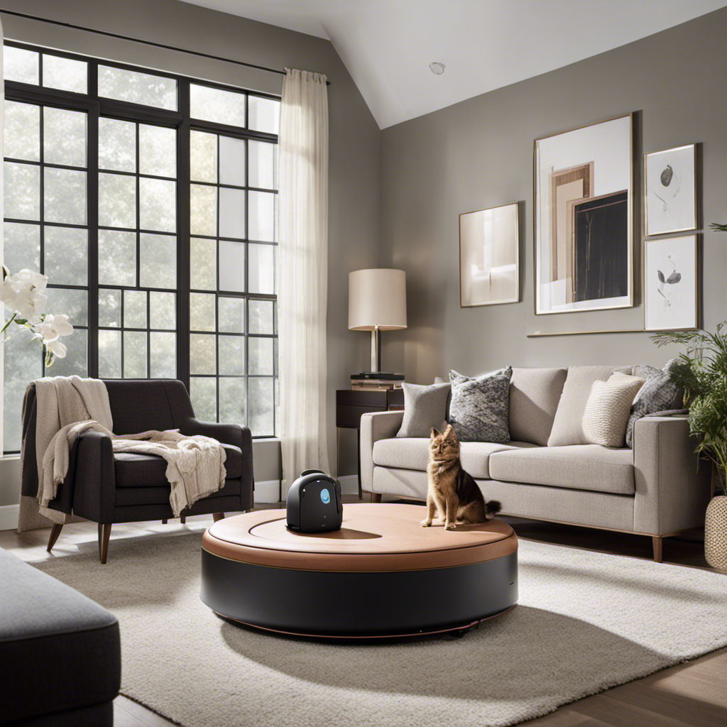 An image showcasing a cozy living room with sleek furniture, where a robotic vacuum diligently glides across a hair-free carpet