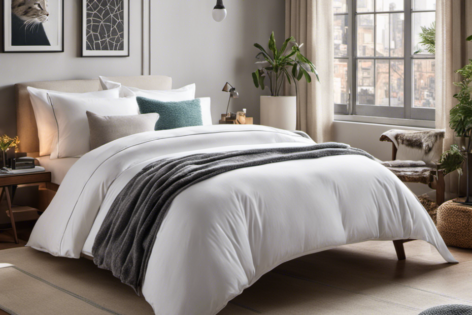 An image showcasing a neatly made bed covered in a crisp, hair-free white duvet