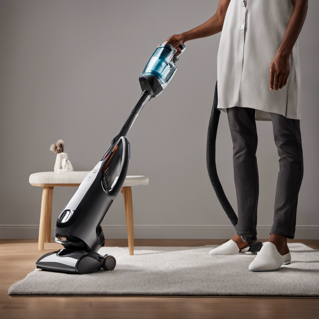 An image of a person wearing freshly laundered clothes, standing next to a sleek, modern vacuum cleaner