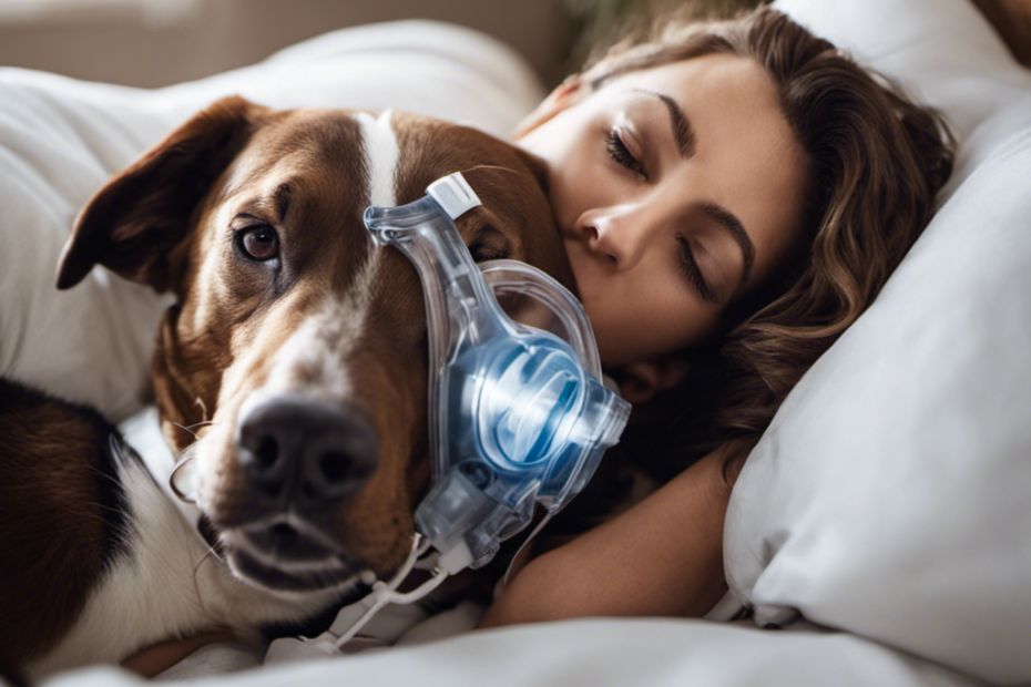 An image showcasing a person wearing a CPAP mask while cuddling their pet, with a clear visual representation of a barrier (e
