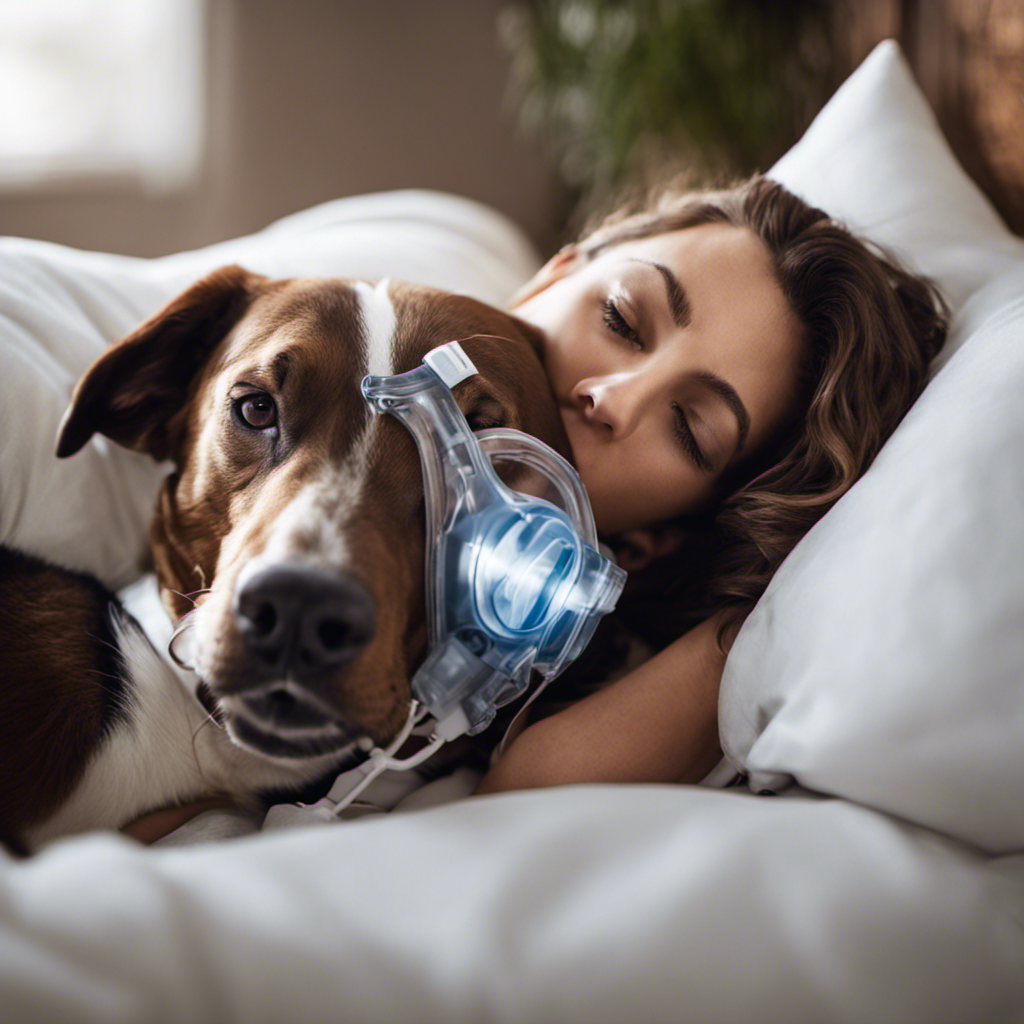 An image showcasing a person wearing a CPAP mask while cuddling their pet, with a clear visual representation of a barrier (e