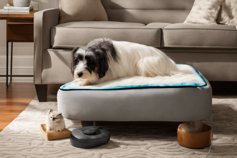 An image capturing a serene living room scene with a microfiber couch covered in a protective fabric sheet, a handheld vacuum nearby, and a lint roller lying on a side table