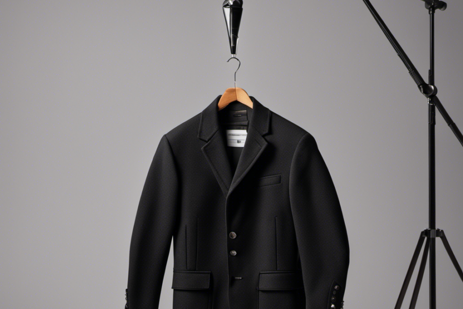 An image of a sleek, black jacket hanging on a hanger