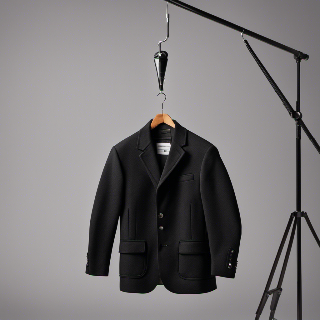 An image of a sleek, black jacket hanging on a hanger