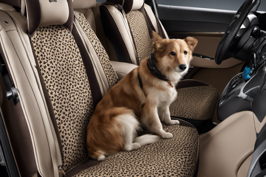 An image showcasing a car seat covered in a protective, fitted seat cover with a pattern resembling paw prints