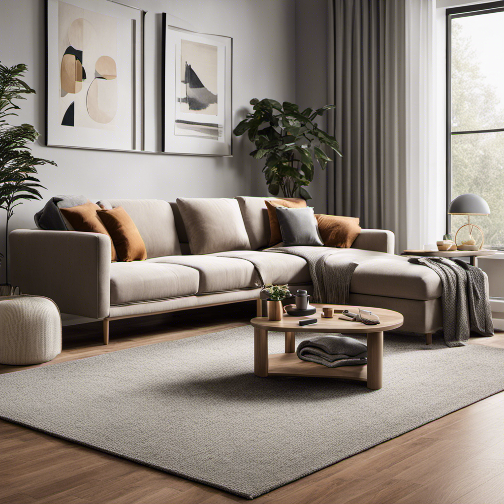 An image that showcases a clean, clutter-free living room with a sleek vacuum cleaner parked nearby, a lint roller resting on the coffee table, and a neatly folded pet blanket on the couch