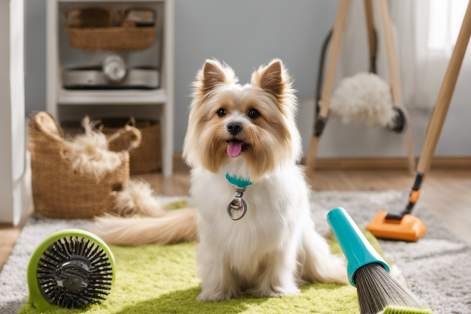 An image capturing a well-groomed pet sitting on a vacuumed carpet, surrounded by a selection of effective pet hair removal tools such as lint rollers, shedding brushes, and a handheld vacuum