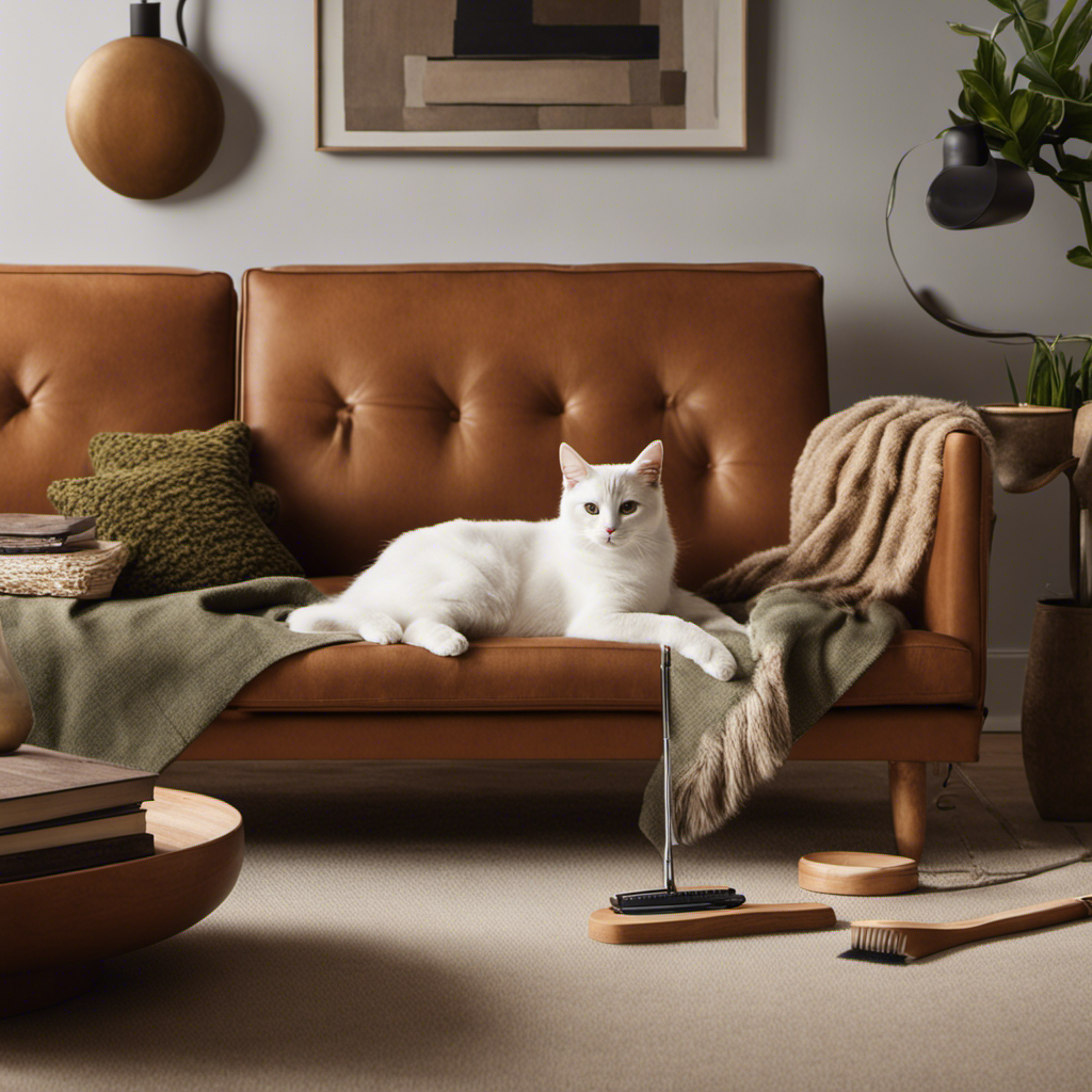 An image reminiscent of a serene living room, with a contented cat perched on a hair-free couch
