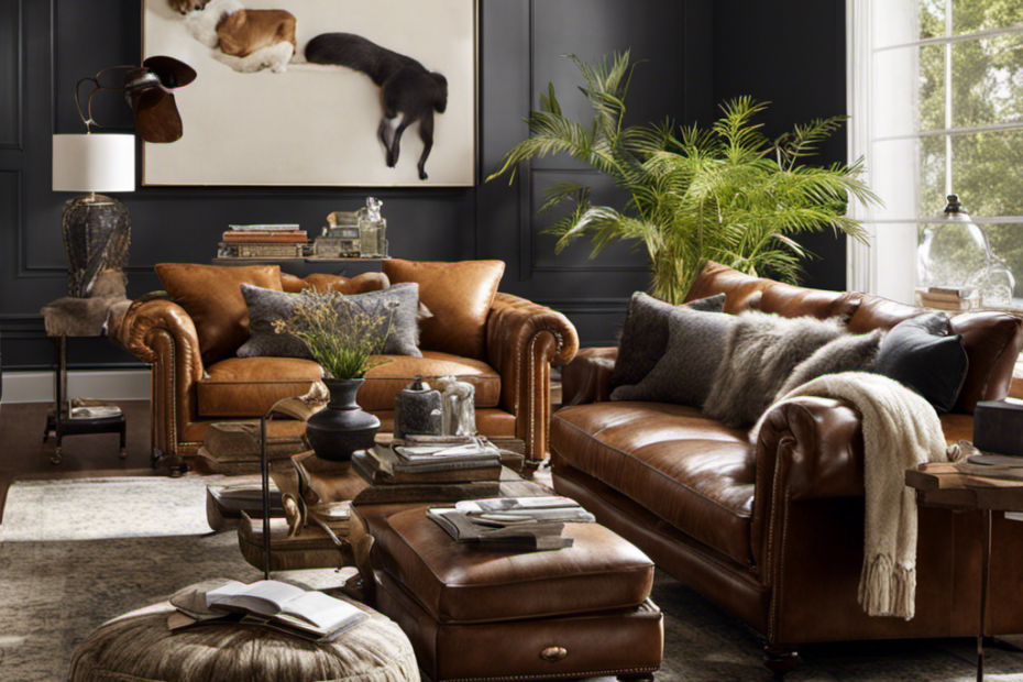 An image that showcases a bustling living room with a variety of furniture covered in copious amounts of pet hair, including fur clinging to the upholstery, floating in the air, and accumulated in corners, emphasizing the need to tackle pet hair effectively