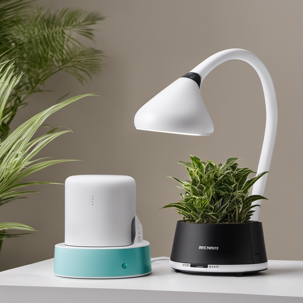 An image showcasing a spotless desktop with a sleek, minimalistic design, adorned with a vibrant indoor plant and a high-quality air purifier, complemented by a specialized pet hair vacuum cleaner nearby
