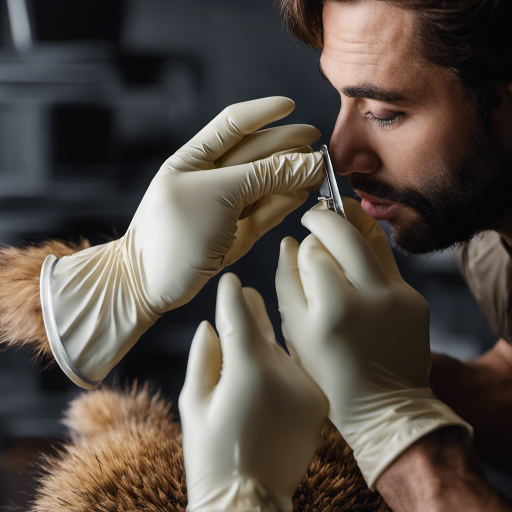 An image showcasing latex gloves being carefully worn, as the user's hand gently glides over a furry surface, effortlessly collecting pet hair