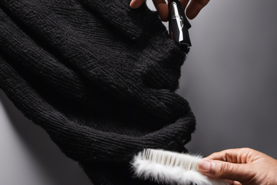 An image showcasing a hand removing pet hair from a black sweater using a lint roller