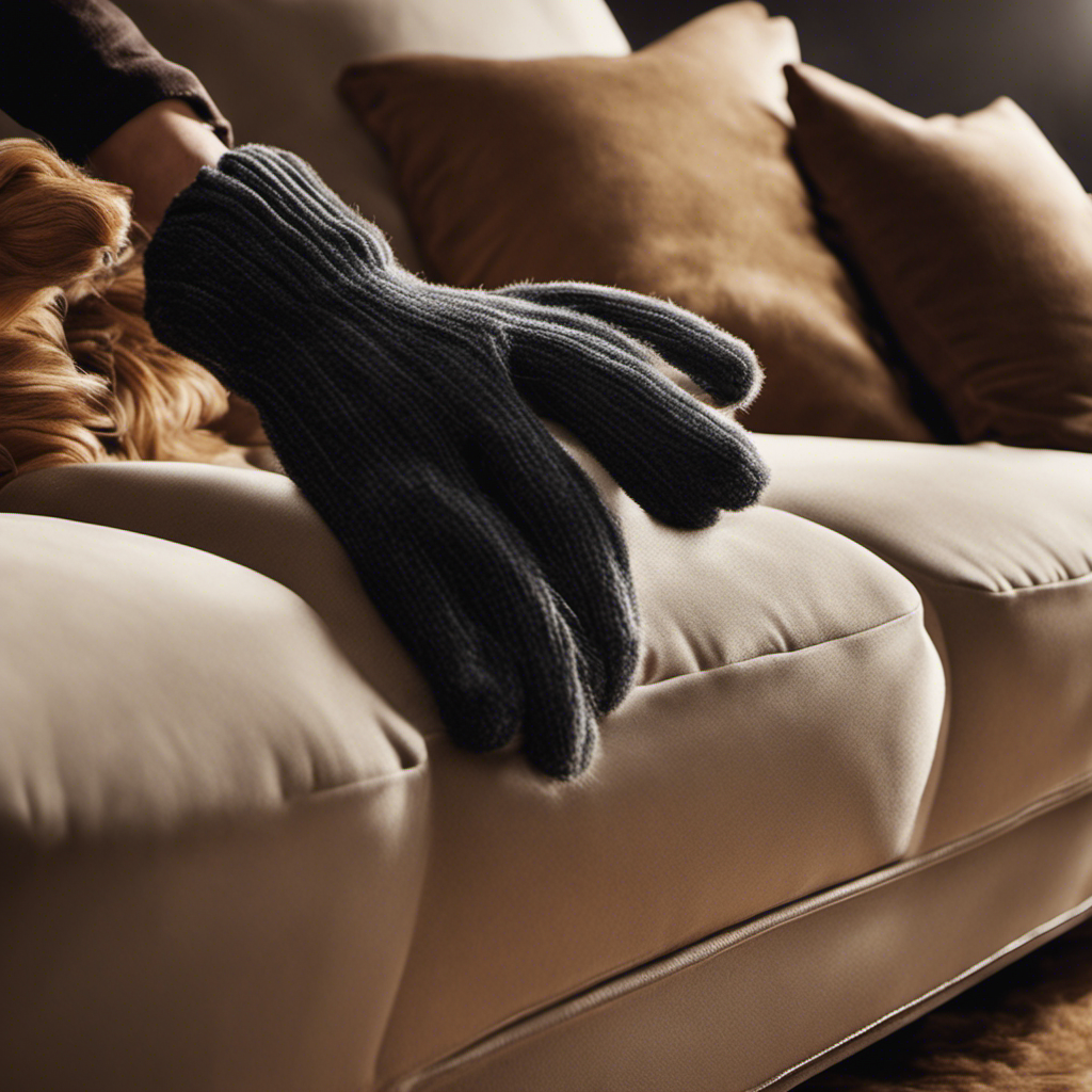 An image showcasing a hand wearing a textured glove gently sweeping across a plush couch, capturing loose pet hair in its fibers