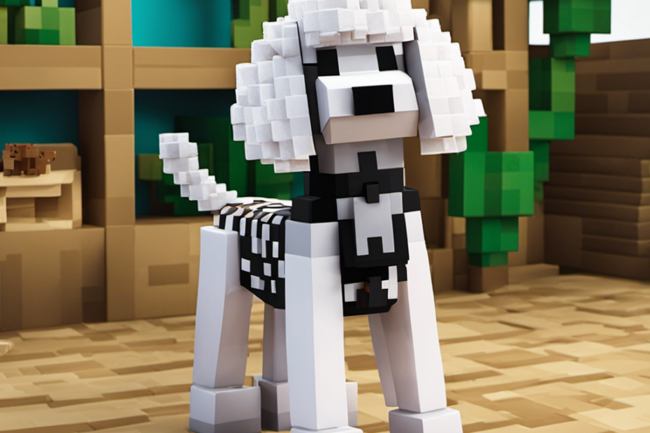 An image showcasing a Minecraft pet shop, featuring a player gently grooming a poodle with care