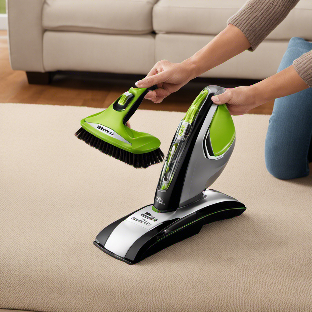 An image showcasing a person confidently operating the Bissell Pet Hair Eraser, effortlessly maneuvering it around furniture corners, with its flexible brush head effectively capturing pet hair