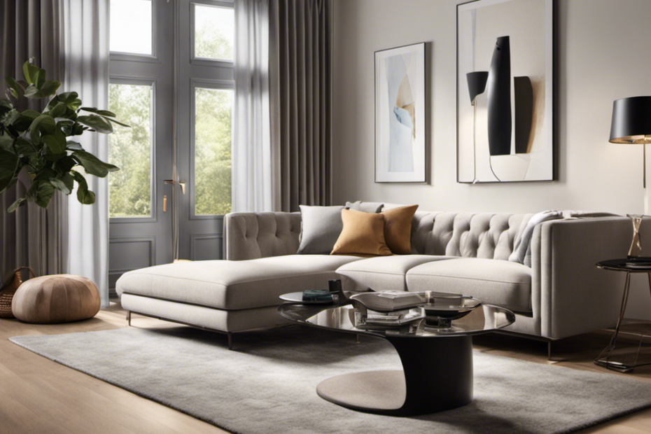An image depicting a serene living room scene with a sleek, handheld vacuum cleaner lying on a plush sofa