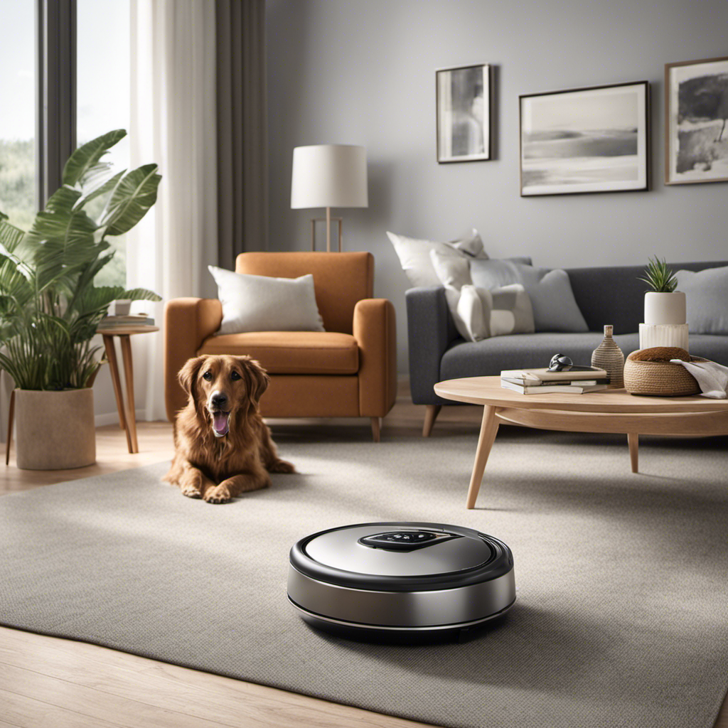 An image showcasing a clean living room with a sleek vacuum cleaner parked next to a cozy pet bed, capturing the essence of a hair-free environment, complete with a neatly groomed pet lounging nearby