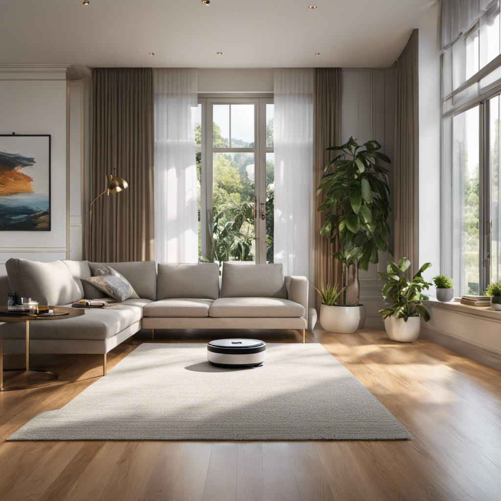 An image showcasing a gleaming living room with a robotic vacuum gliding effortlessly across a spotless floor