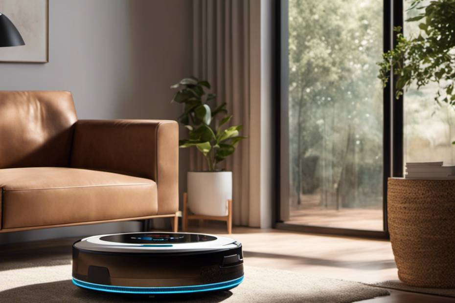 An image showcasing a cozy living room with a strategically placed robotic vacuum silently gliding across the floor, effortlessly collecting pet hair